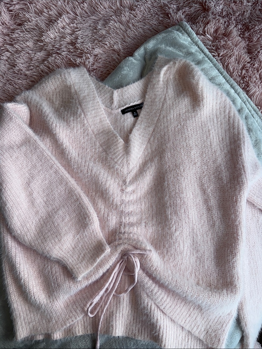 Kendall & Kylie Blush Pink V-Neck Drawstring Sweater